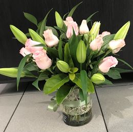 Picture of 10 ROSES & 3 ORIENTAL LILY ARRANGEMENT